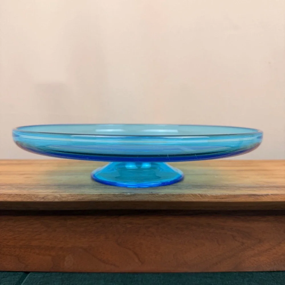 Vintage Aqua Blue Hand Blown Glass Cake Stand Pedestal Chip Dip Server 10 Inch